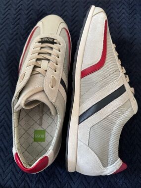 NWT! BOSS Men’s Beige Casual Sneakers with Red & Black Accents